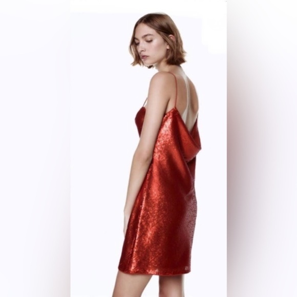 Zara red sequin blogger favorite back cowl neck draped mini dress size small new - Picture 3 of 16